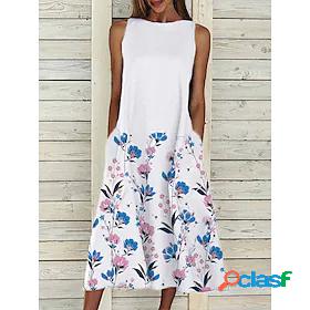 Womens Midi Dress A Line Dress White Sleeveless Print Floral