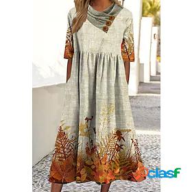 Womens Midi Dress Shift Dress Beige Half Sleeve Ruched