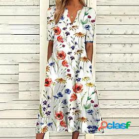 Women's Midi Dress Shift Dress White Half Sleeve Pocket