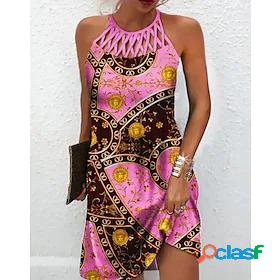 Womens Short Mini Dress A Line Dress Pink Sleeveless Print