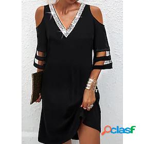 Womens Short Mini Dress Shift Dress Black 3/4 Length Sleeve