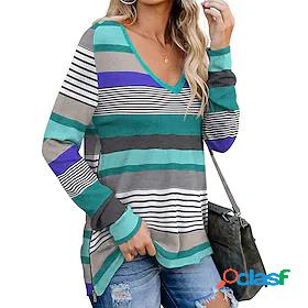 Womens Striped Casual Weekend Long Sleeve T shirt Tee V Neck