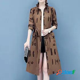 Womens Trench Coat Pocket Print Long Coat Black Red Coffee