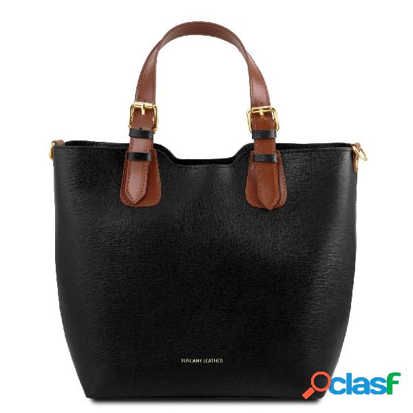 Borsa shopping in pelle Saffiano Nero