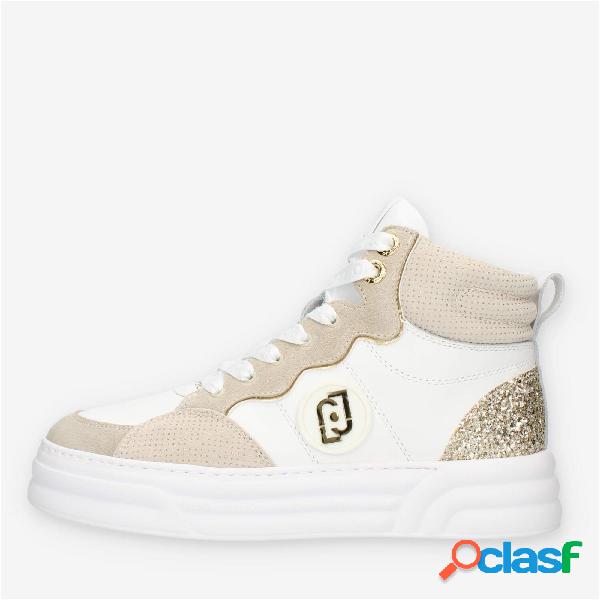 LiuJo Cleo 07 Mid Sneakers alte bianche e beige con glitter