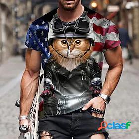 Mens T shirt Tee Cat National Flag Animal 3D Print Crew Neck