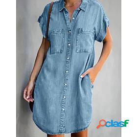 Womens Denim Shirt Dress Short Mini Dress Light Blue Short