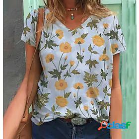 Womens Flower Casual Floral Short Sleeve T shirt Tee V Neck