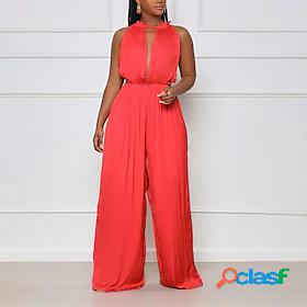 Womens Jumpsuit Solid Color Drawstring Cut Out Casual Deep V