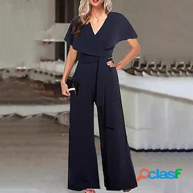 Womens Jumpsuit Solid Color Lace up Elegant V Neck Straight
