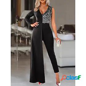 Womens Jumpsuit Solid Color Patchwork Sequin Elegant V Neck