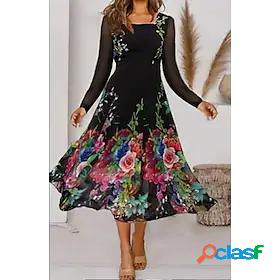 Womens Midi Dress A Line Dress Black Long Sleeve Mesh Print