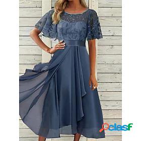 Womens Midi Dress A Line Dress Blue Short Sleeve Chiffon