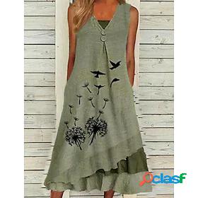 Womens Midi Dress A Line Dress Green Sleeveless Print Floral