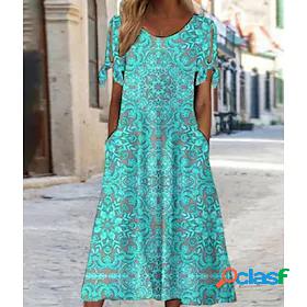 Womens Midi Dress A Line Dress Light Blue Short Sleeve Print