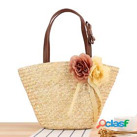 Womens Polyester Cotton Top Handle Bag Straw Bag Shoulder