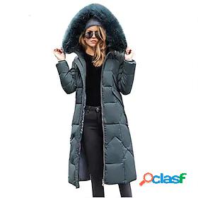 Womens Puffer Jacket with Pockets Fur Collar Long Coat Black