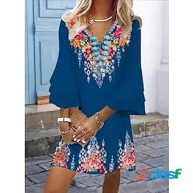 Womens Short Mini Dress A Line Dress Blue 3/4 Length Sleeve