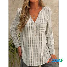Womens Striped Daily Weekend Long Sleeve Blouse Shirt V Neck