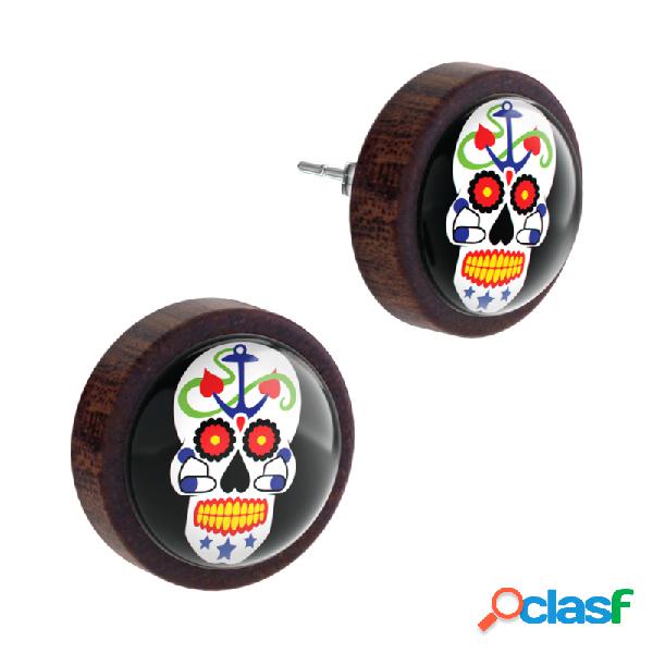 Ear studs (wood) con colourful sugar skull "Dia de Los