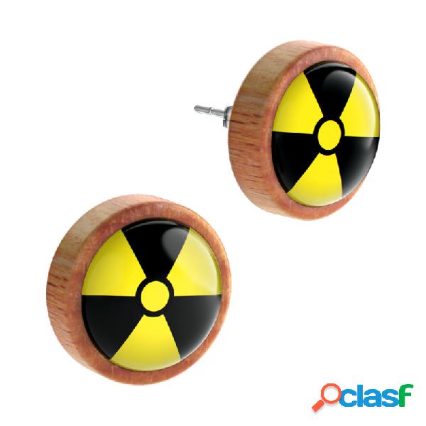 Ear studs (wood) con radiation warning symbol Legno