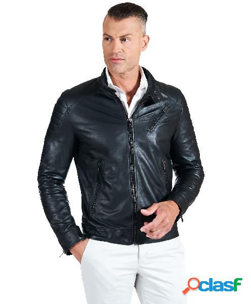 Giacca Moto In Pelle Nera Biker Trapuntato Spalle Effetto