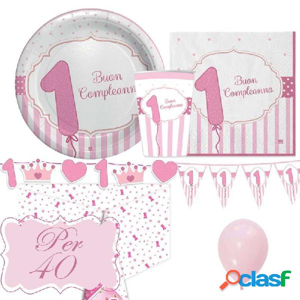 KIT N.27 PRIMO COMPLEANNO ROSA A STRISCE - COMPLETO PER 40