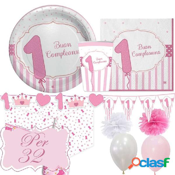 KIT N.46 PRIMO COMPLEANNO ROSA A STRISCE CON POIS