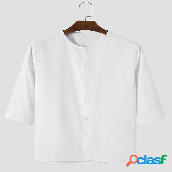 Men 100%Cotton Clean Color Buttons Up Round Neck Shirts