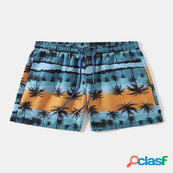 Men Palm Tree Hawaiian Style Drawstring Elastic Waist Shorts