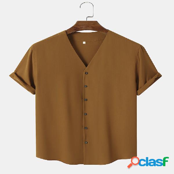 Men Plain V Neck Front Open Soft Breathable Casual Shirts