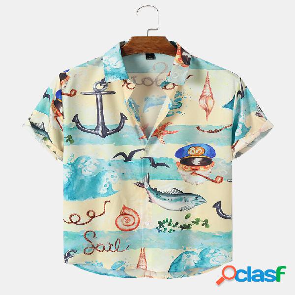 Men Seafood & Figure Print Lapel Collar Shirts