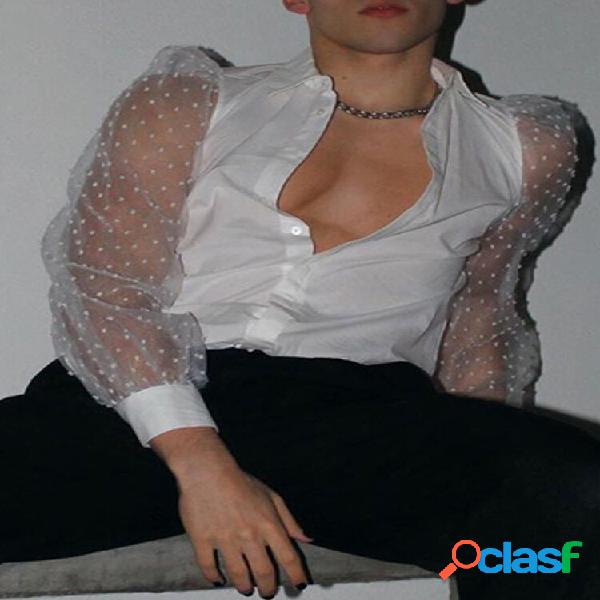 Mens See Through Patchwork manica lunga Camicia