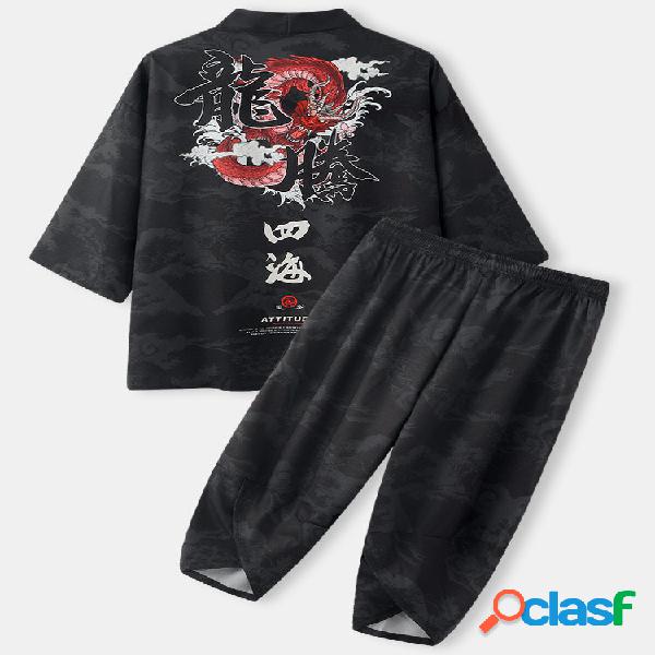 Mens cinese Drago indietro stampa Kimono Street ritagliata