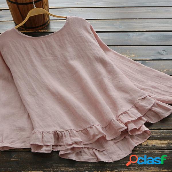 Ruffles Solid Button Round Collo Camicetta ampia a maniche