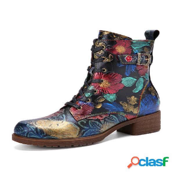 Socofy Stivaletti con tacco grosso in pelle goffrata con