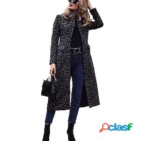 Womens Coat Pocket Leopard Print Button Long Coat Black