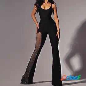 Womens Jumpsuit Solid Color Backless Mesh Elegant Crew Neck