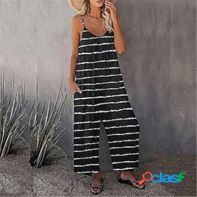 Womens Jumpsuit Striped Backless Pocket Casual Crew Neck