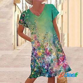 Womens Knee Length Dress Shift Dress Green Short Sleeve