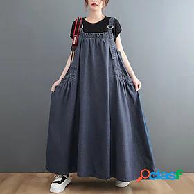 Womens Midi Dress Denim Dress Blue Sleeveless Pocket Pure