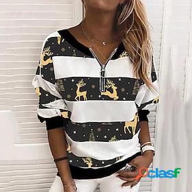 Womens Striped Elk Sweatshirt Pullover V Neck Quarter Zip