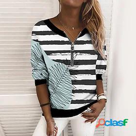 Womens Striped Leaf Sweatshirt Pullover V Neck Quarter Zip