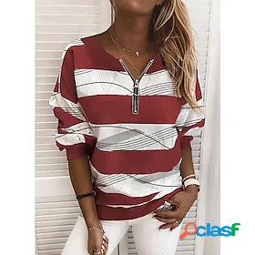 Womens Striped Sweatshirt Pullover V Neck Quarter Zip Print
