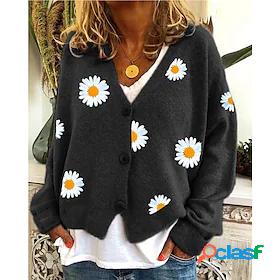 Womens Sweater Jumper Knit Button V Neck Floral Stylish Drop