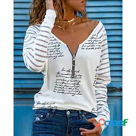 Womens T shirt Letter V Neck Quarter Zip Print Basic Tops