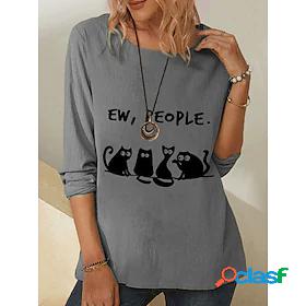 Womens Tunic Plain Cat Animal Daily Long Sleeve Tunic Round