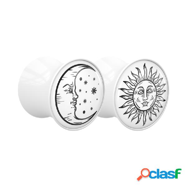 1 pair double flared plugs (acrylic, white) con sun and moon