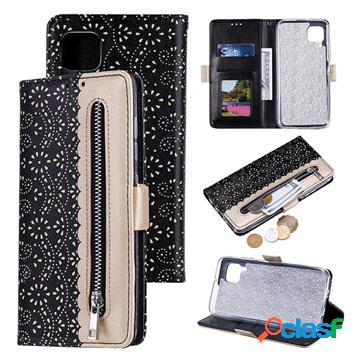 Custodia Portafoglio Huawei P40 Lite Con Motivo Pizzo - Nera