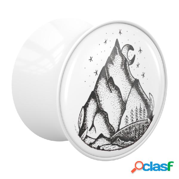 Double flared plug (acrylic, white) con motif "mountains"